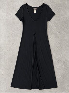 Y2K Tripp NYC Maxi Dress Small Black Front Slit Stretch Slinky Goth Grunge Layer